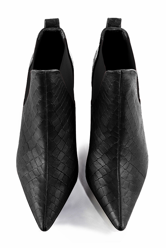 Satin black women's ankle boots, with elastics. Pointed toe. Medium spool heels. Top view - Florence KOOIJMAN
